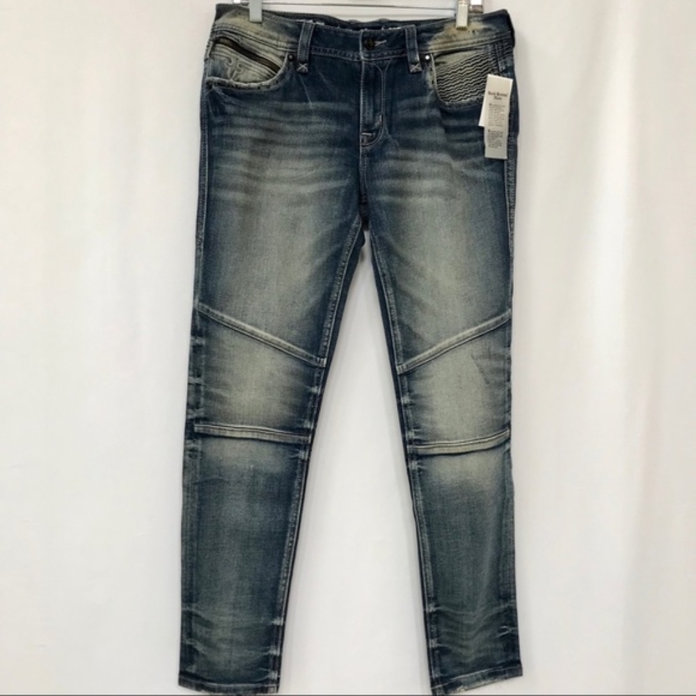 ROCK REVIVAL KAMIL SKINNY ZIPPER MOTO JEANS 30